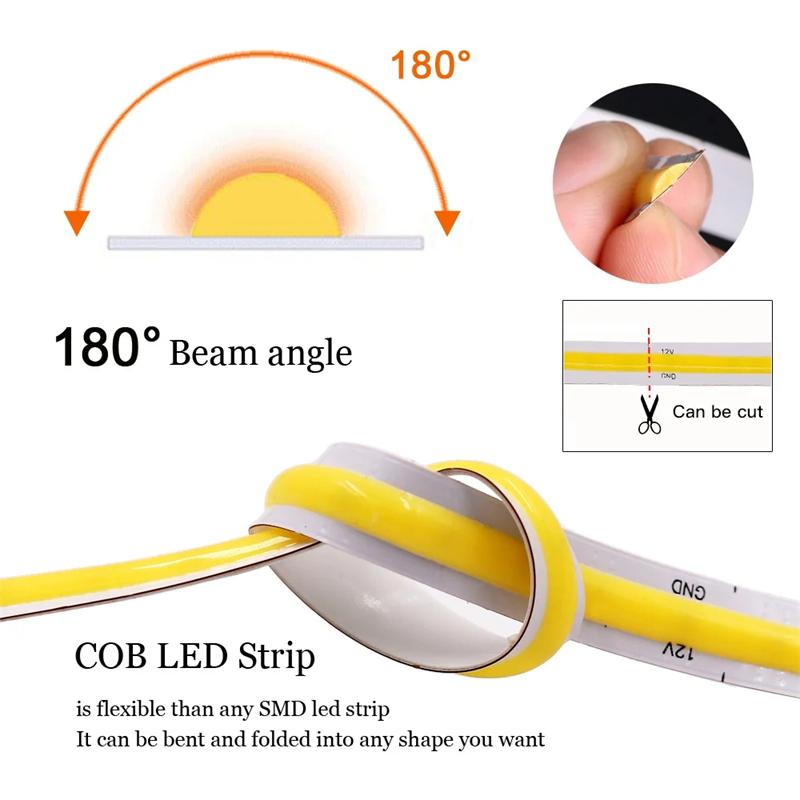 12v 24v cob luz de tira led 320cob 480cob 528cob 384cob leds fita flexível iluminação linear de alta densidade quente branco natural 8mm