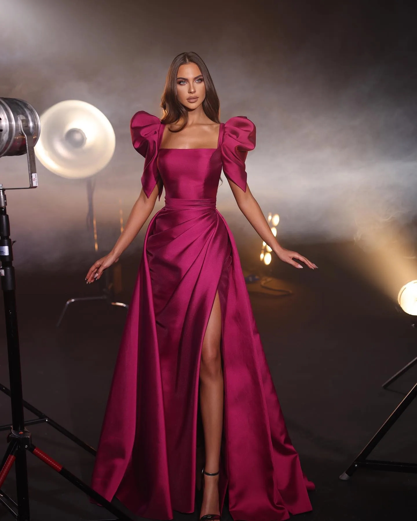 Vestidos de noche de color rosa rosado, vestido de fiesta dividido con cuello cuadrado, vestido de fiesta largo formal con pliegues, vestido de alfombra roja para ocasiones especiales