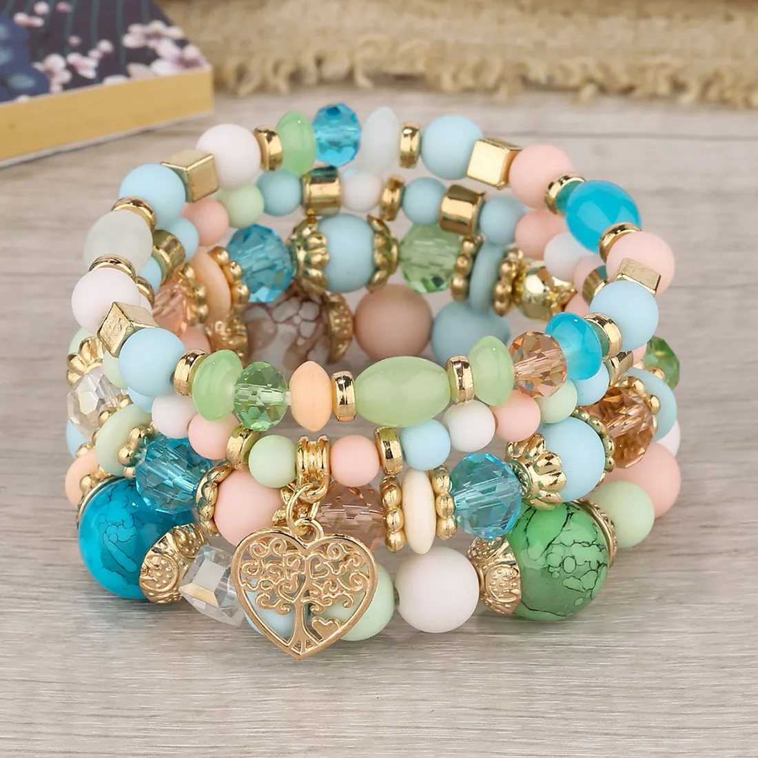 Bracciale le perle di cristallo rosa bohemian in perline Bracciale le donne Bracciale National Tree of Life Pack Pulseira Fetina