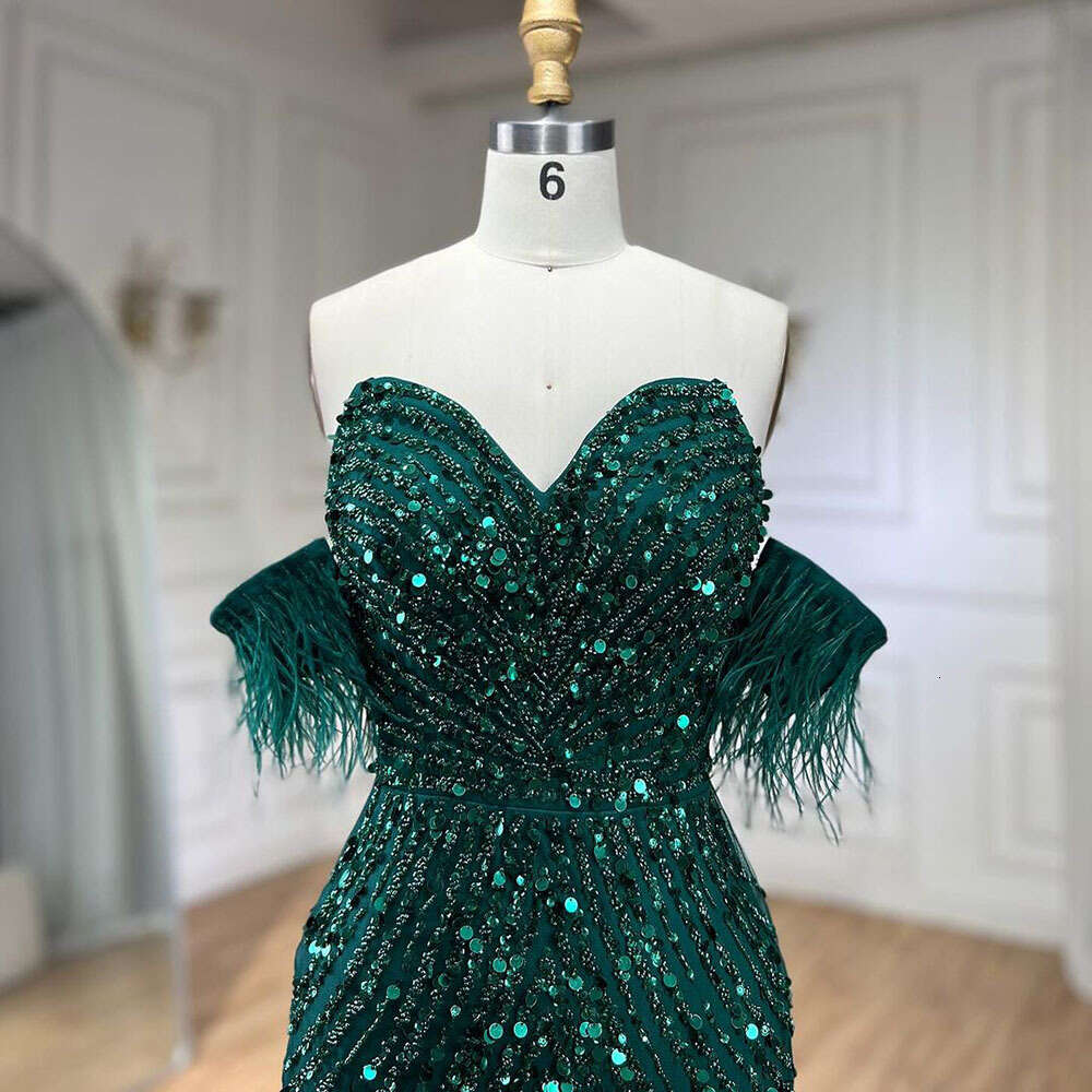 Mermaid High Green Split Spaghetti Strap Evening Dresses Feather Beaded Gowns for Women Party BLA Serene Hill