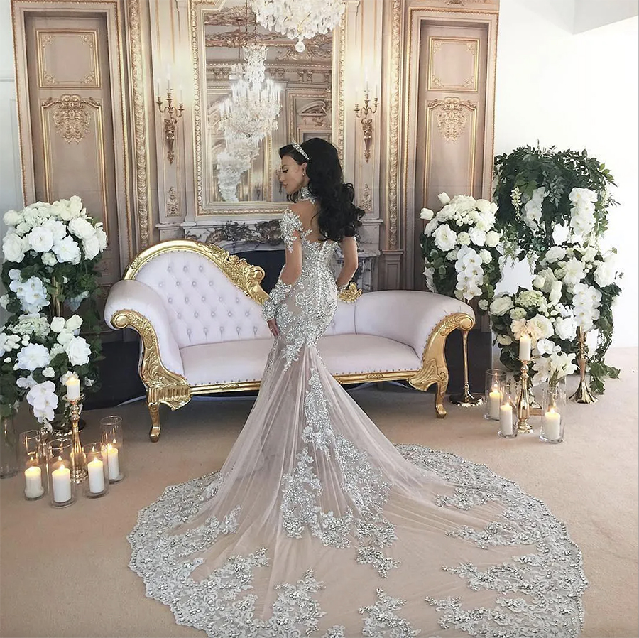 Robe de mariée luxueuse en cristal strass, col haut, perles appliquées, manches longues, robe de mariée sirène, magnifique robe de mariée de Dubaï, surjupe