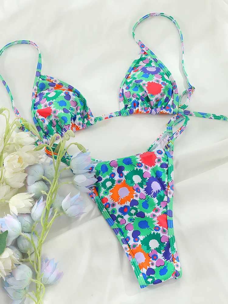 Damen-Bademode, Blumendruck-Bikini, sexy Badeanzug für Damen, 2024, Schultergurt-Badeanzug, Perlenrand-Badeanzug, Tanga-Bikini-Set, Sommer-Strandkleidung J240330