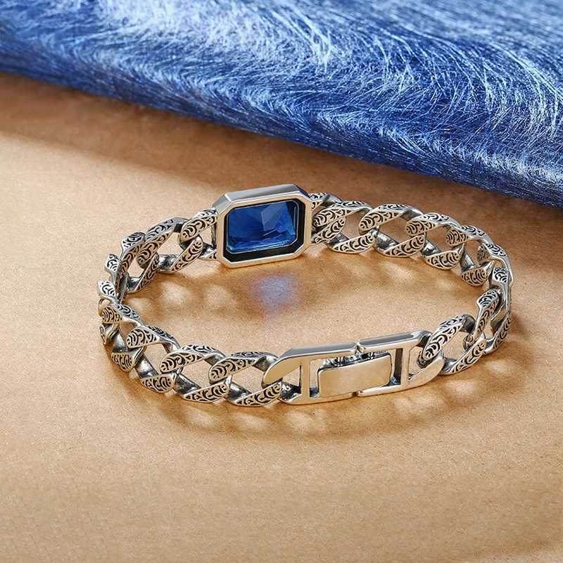 Ketting S925 Sterling Zilver Retro Armband met Heren Tangcao Patroon Ketting Blauwe Kristallen Edelsteen Heren Paar Party Gift Sieraden Q240401