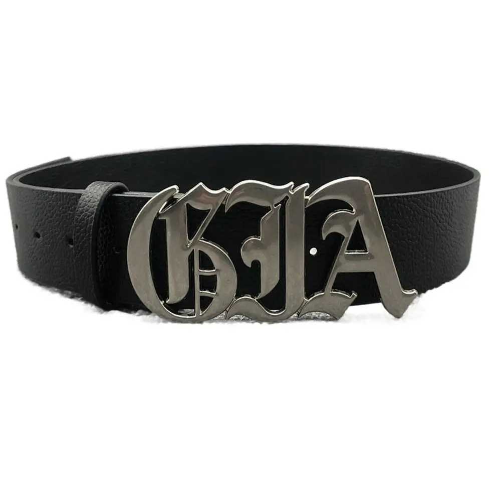 Belts Gothic Unique High Quality Mens PU Alloy Buckle Abstract Letter Waist Accessories Jeans Belt Q240401