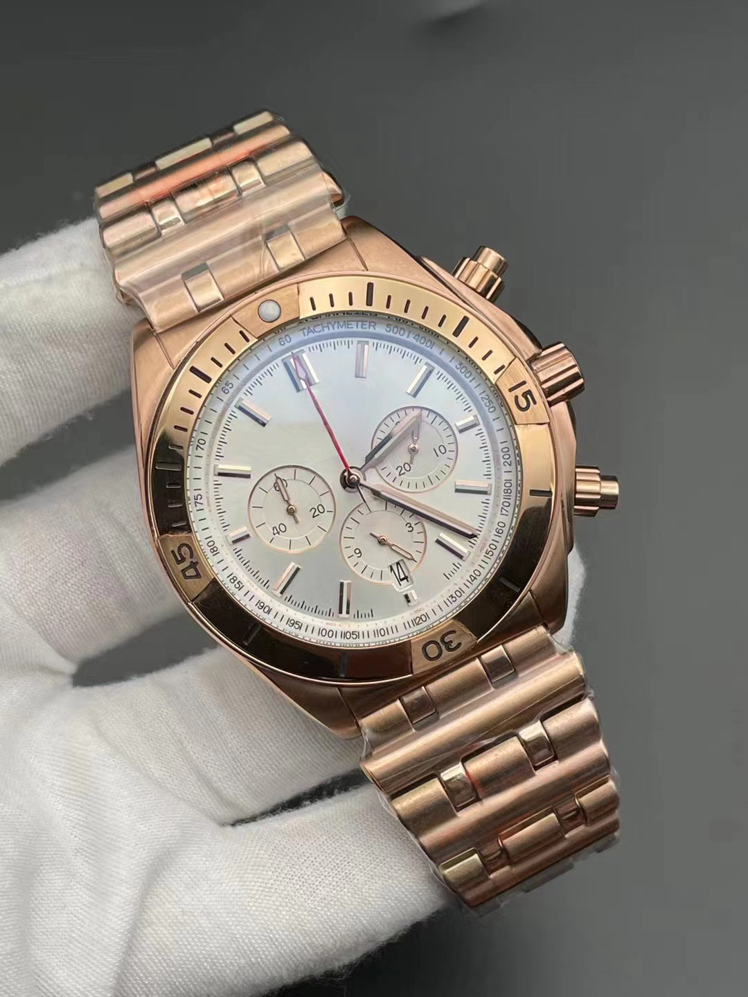 2024 AAA+ Högkvalitativ Mans klockor Kronografkvartrörelse Sapphire Glass 44mm Rose Gold Rostfritt stål Fodral Mäns sportvattentät lyx Handledsklocka Mens gåva