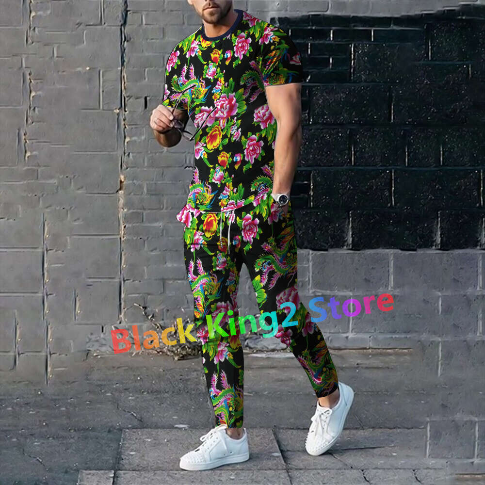 New Northeast Big Flower Design Clothing Chinese Style Men's Short Sleeve Tshirt Trousers Suit Two-piece Set Fashion Streetwear