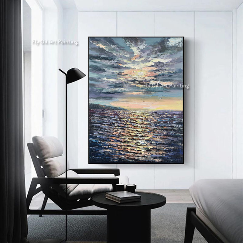 Sunset Sea Ripples Canvas Art Frameless Hand Painted Hand Painted Abstract Oil Painting Art Wall Decor Textured Artwork Extra Large Mural For Living Room Bedroom