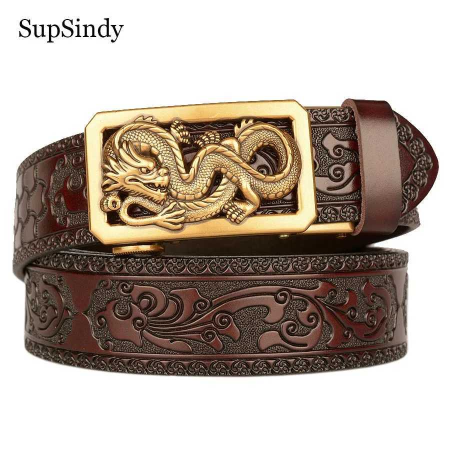 Cinture Suppindy New Mens True Belt Luxury Golden Dragon Cintura in metallo con fibbia automatica Cintura in denim Cintura jeans da uomo Cintura da uomo Q240401