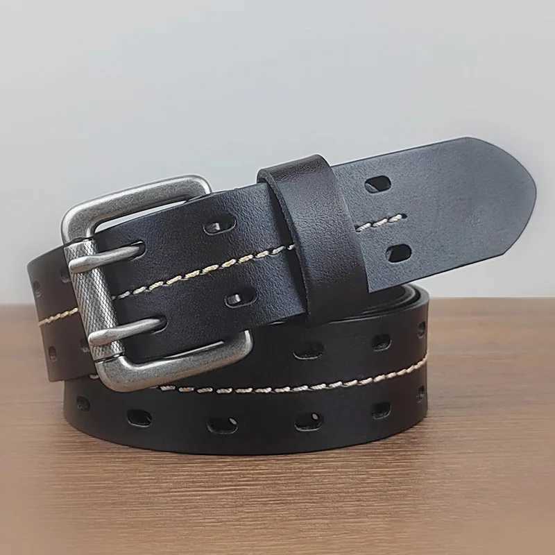 Cinturones Nuevo 2024 Cinturón de hebilla de doble aguja de cuero genuino para hombres y mujeres casuales Cinturón de mezclilla de marca de entrenamiento al aire libre Q240401