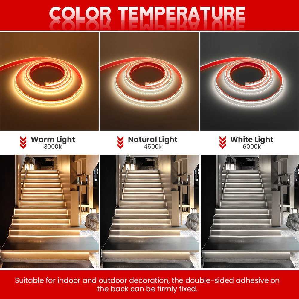 LED-strängar 220V COB-strip Light EU Power Plug IP67 Självhäftande bandband Flexibel linjär bar 3000K 4000K 6000K YQ240401