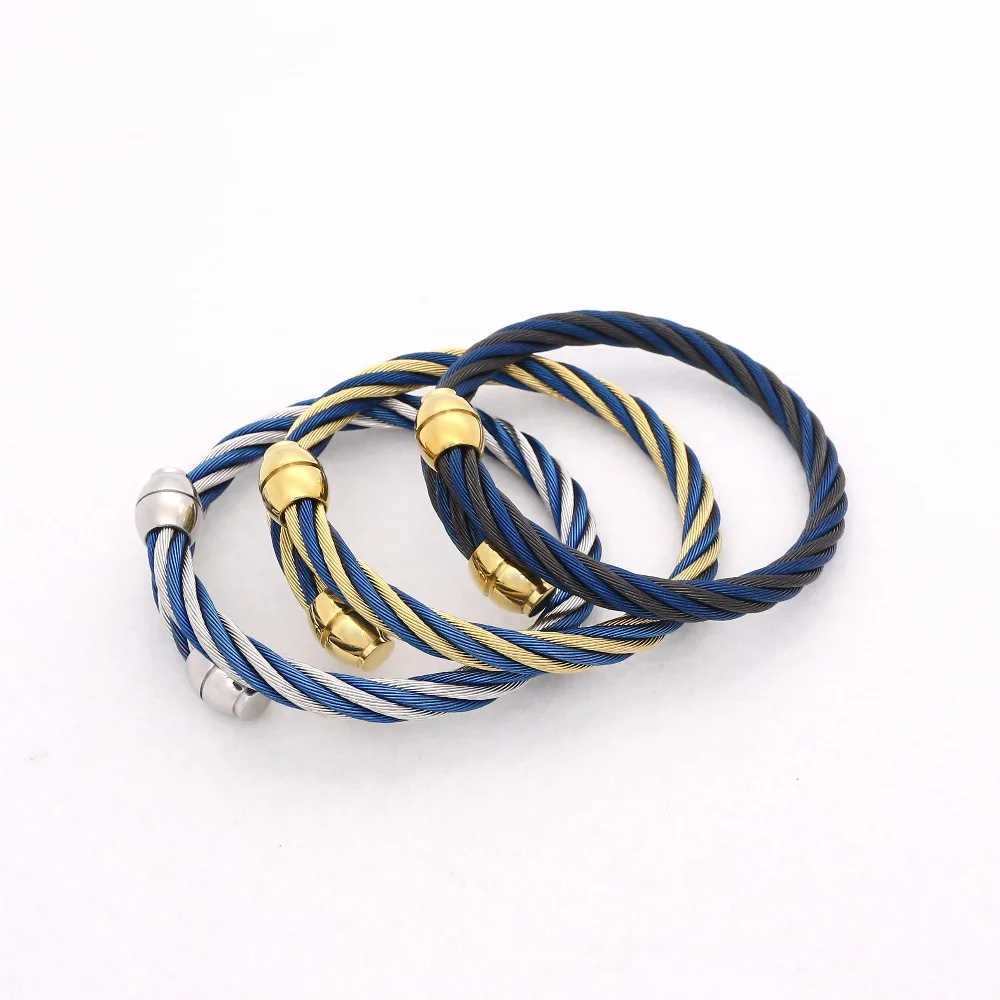 Chaîne JSBAO Hommes / Femmes Bijoux De Mode Or Noir Bleu Couleur Fil En Acier Inoxydable Torsadé Sauvage Câble Manchette Bracelet Femmes Cadeau Bracelet Q240401