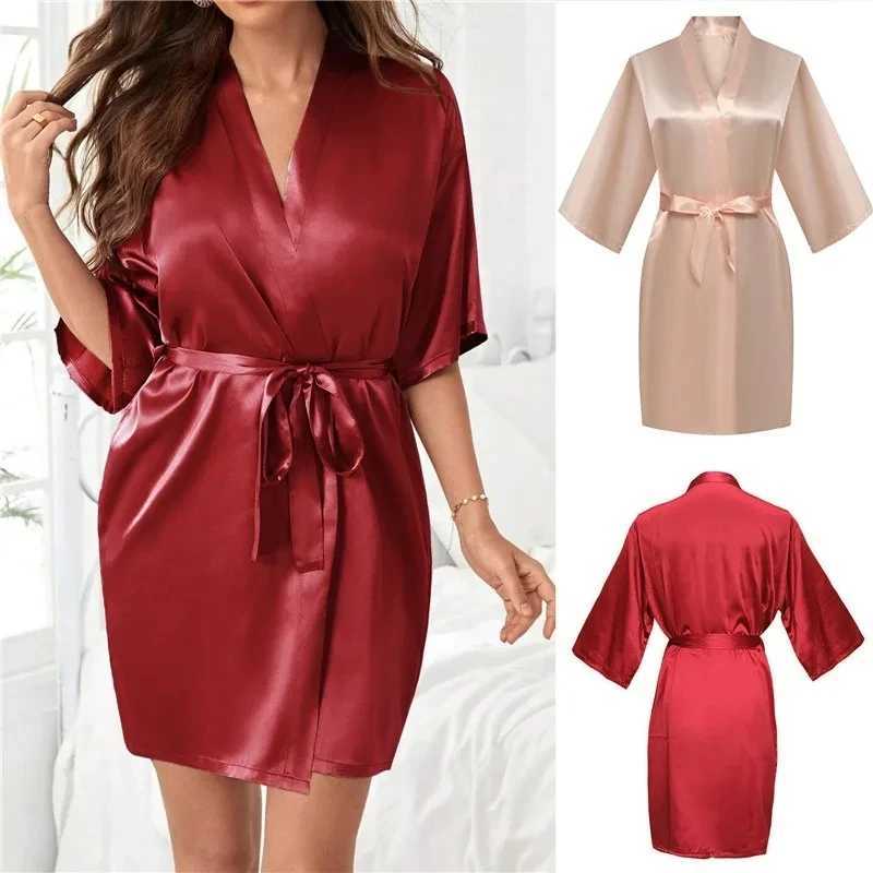 Ewcn sexy pijamas mujeres seda satina satén corta nocturna bata kimono bata de moda bata de baño sexy peignoir femme boda novia dama de honor 2404101