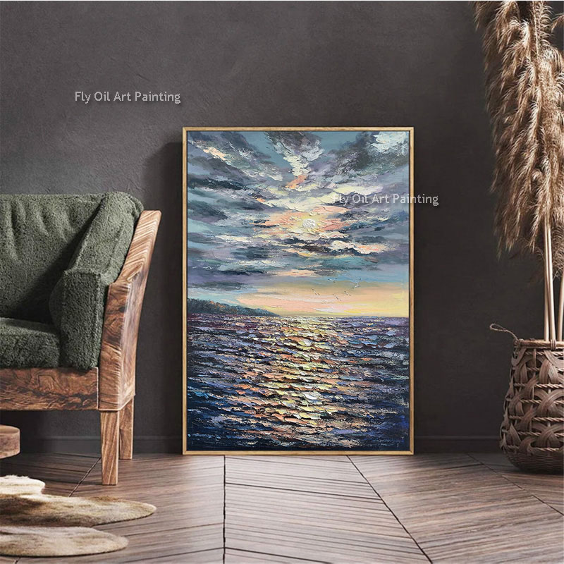 Sunset Sea Ripples Canvas Art Frameless Hand Painted Hand Painted Abstract Oil Painting Art Wall Decor Textured Artwork Extra Large Mural For Living Room Bedroom