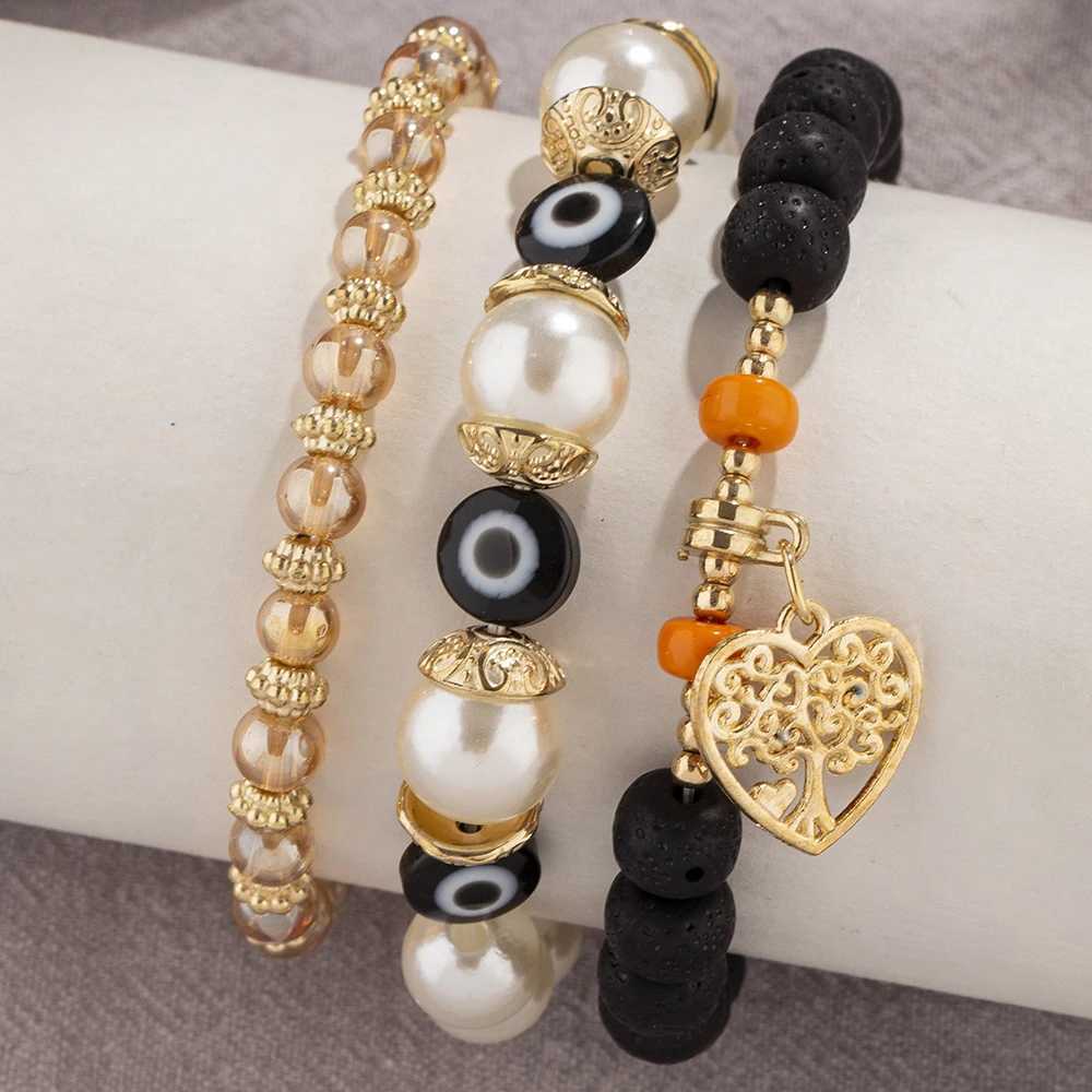 Kette Baum des Lebens Herz Charm Armband Set für Frauen Bohemian Evil Eye Stein Perlenkette Armband für Frauen Bohemian Schmuck 3 Stück Q240401