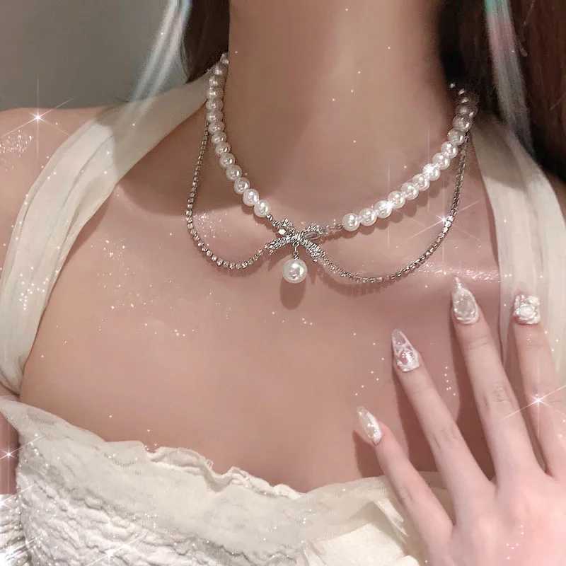 Ожерелья с подвесками Kpop Нерегулярное ожерелье-цепочка с бантом Y2K Цирконовые хрустальные бусины Ожерелье с кисточками Эстетическое двойное ожерелье-цепочка Ювелирные изделия GiftL2404