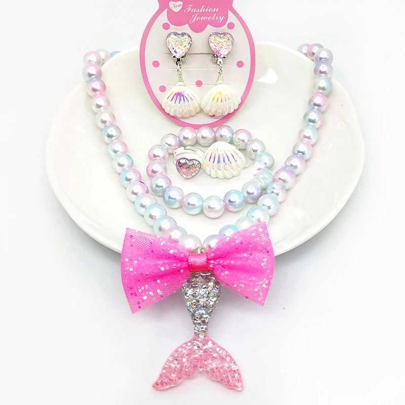 Pendant Necklaces Baby Girls Beads Necklace Set Fashion Mermaid Tail Pendant Child Kids Adjustable Lovely Necklace Charm Chunky Jewelry For Gift 240401