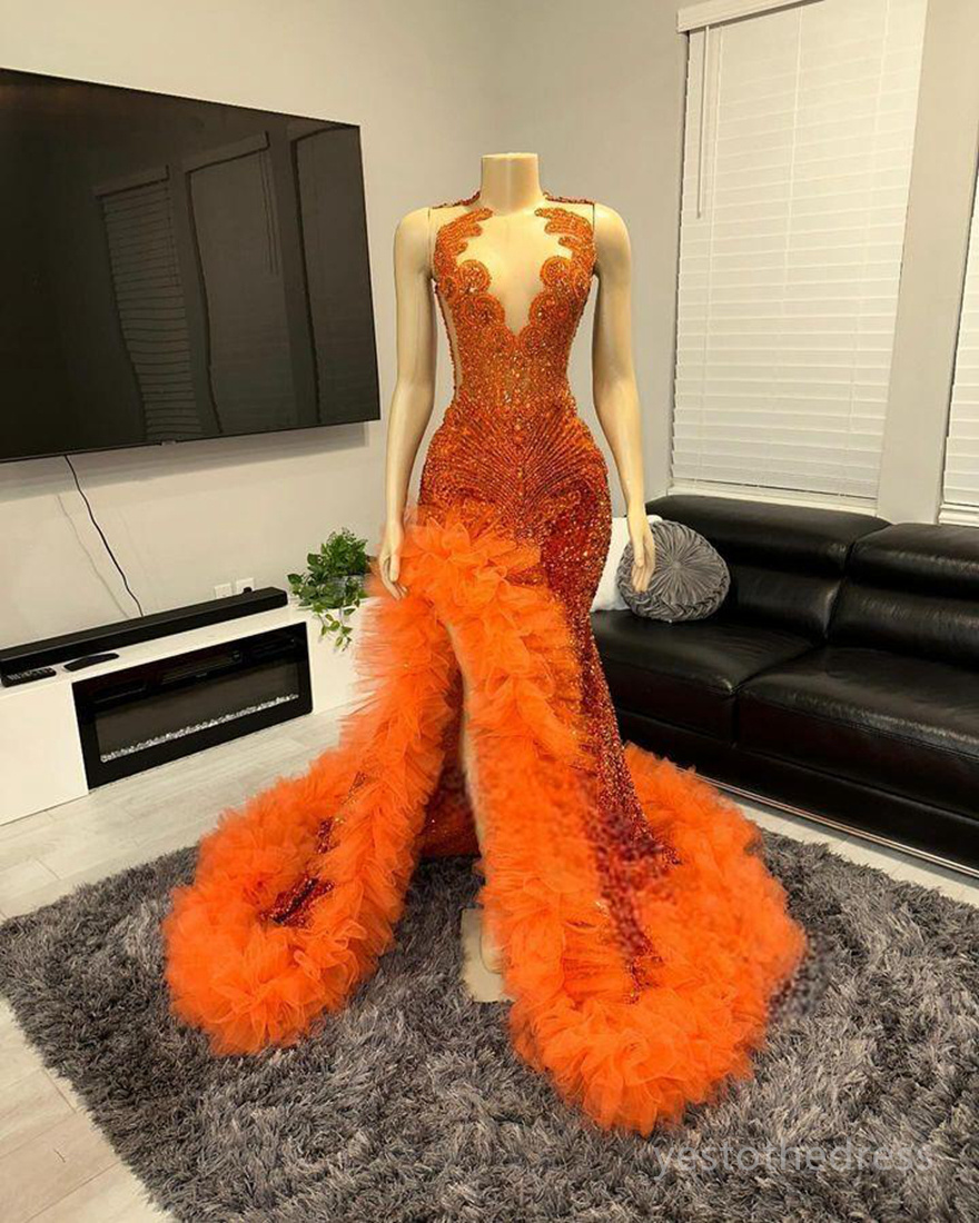 2024 Orange Prom Dresses for Black Women Birthday Dress Evening Gowns Sheer Neck Illusion Rhinestones Beaded Side Split Pleated Tulle Reception Gowns AM536