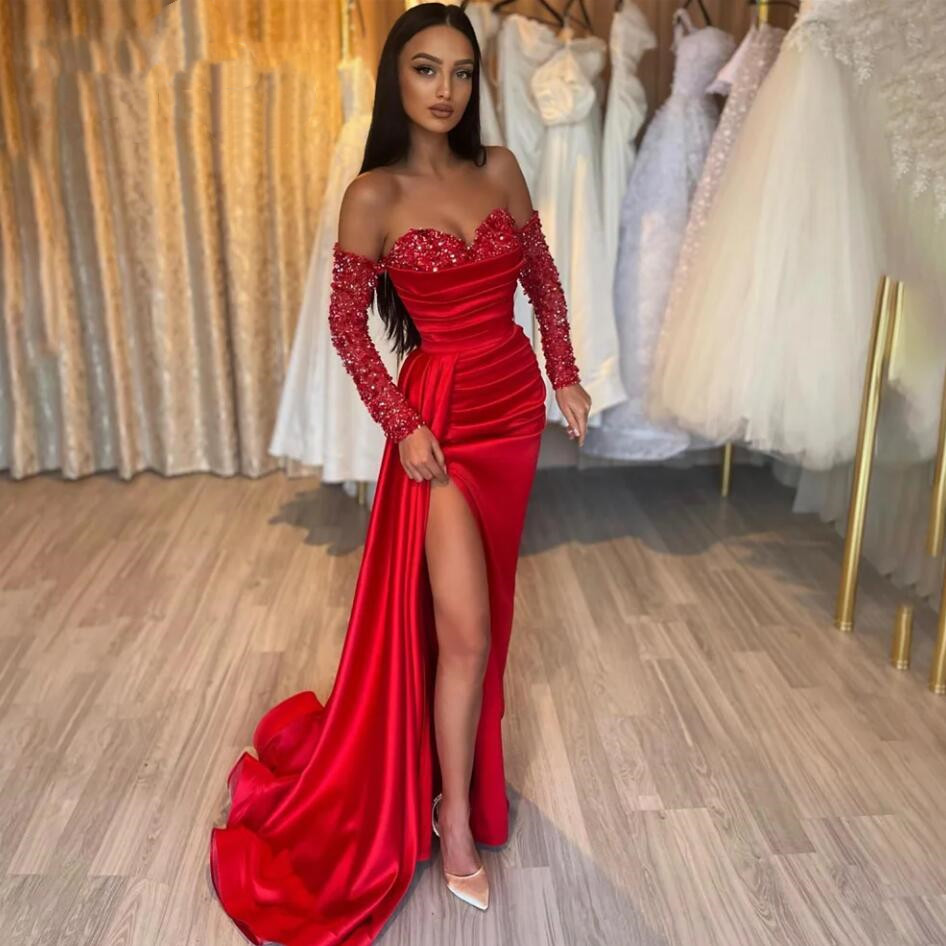 Red Satin Long Evening Dress Off the Shoulder Long Sleeves Pleat Dresses with High Slit Prom Gowns Sexy Sheath Formal Party Dresses