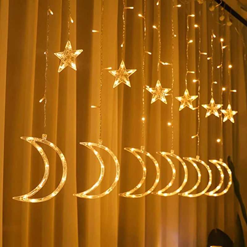 LED Strings Curtain Light 2.5M Outdoor Waterproof Bedroom Home Party Wedding Decoration 12 Stars Moon String EU Plug YQ240401