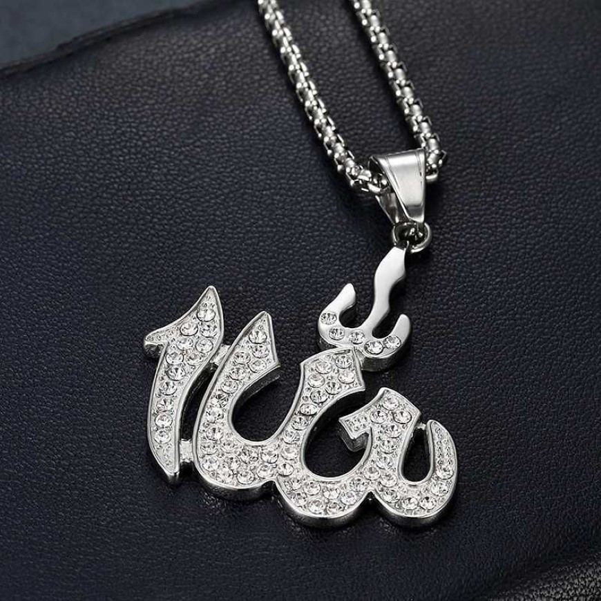 Hip Hop Iced Out Allah Pendant & Chains Gold Color Stainless Steel Islamic Muslim Necklaces For Women Men Jewelry Drop246Y