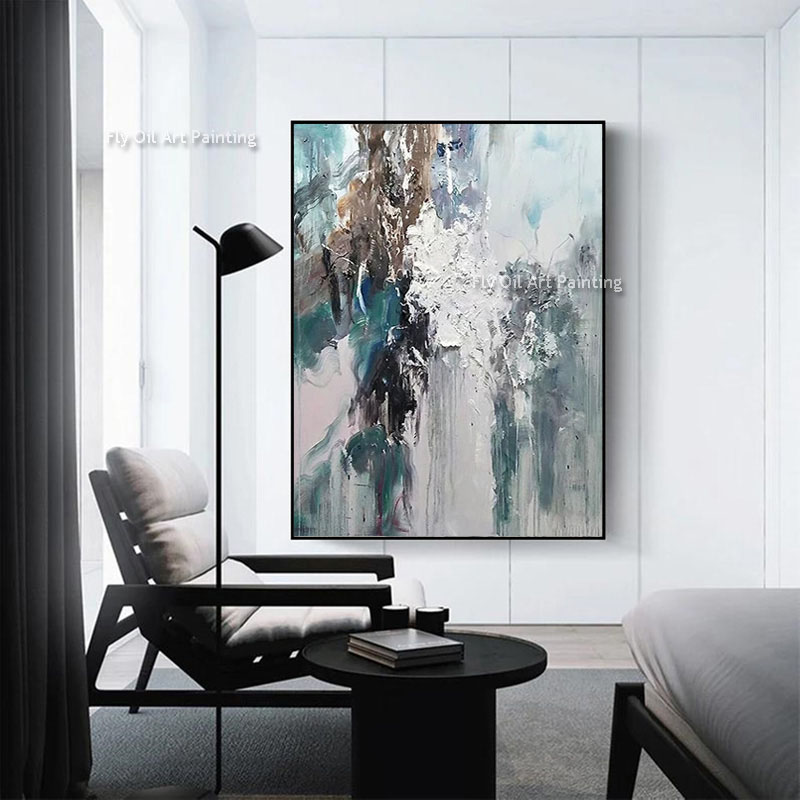 Minimalistisch abstract dikke olieverfschilderij landschap canvas kunst hand geschilderde kustkunst minimalistische borstelstreken kunst blauw witte moderne muur livig kamer slaapkamer decor