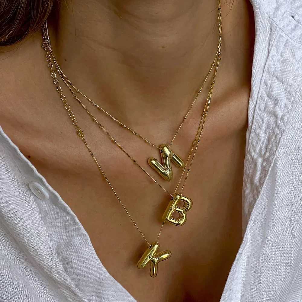 Pendant Necklaces Vintage Stainless Steel Balloon Bubble Chunky Letter Necklace for Women 18K Gold Plated Initial Necklaces Collar Jewelry Gift 240330