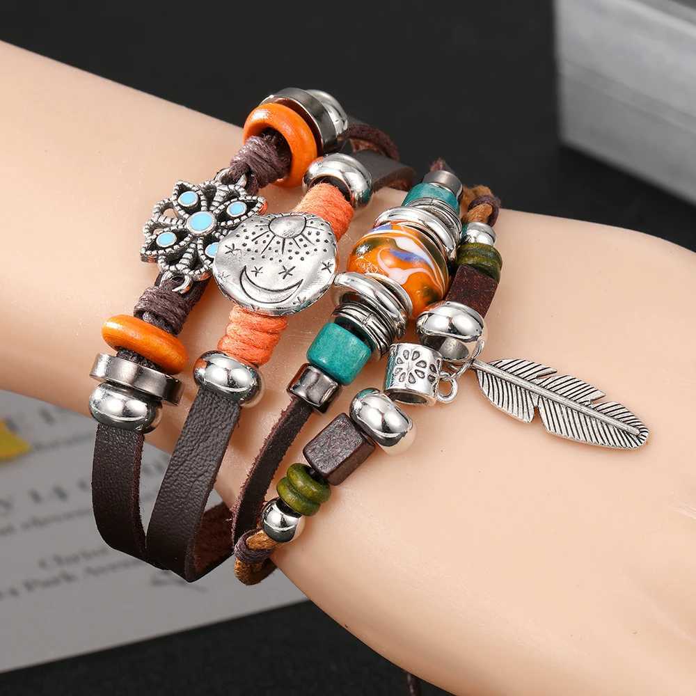 Chaîne Vintage Gothique Punk Lune Étoile Métal Multicouche Bracelet En Cuir pour Hommes Feuille Bracelets et Bracelets pour Hommes Bras Soleil Bijoux En Gros Q240401