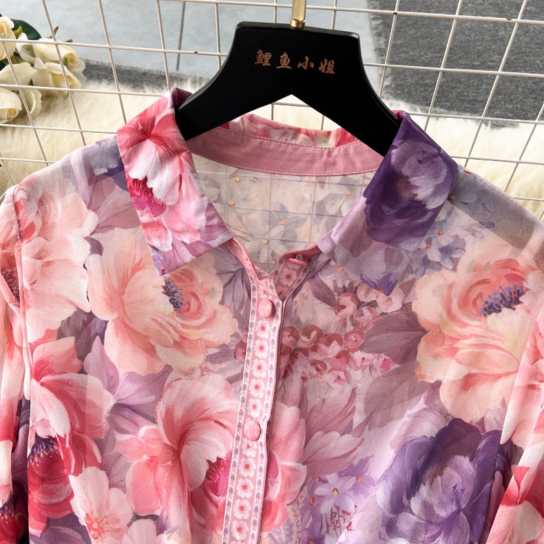 Pink Chiffon Floral Resort Long Maxi Dress Designer Women Elegant Button Cardigan Shirts Dresses Stand Collar Ladies Belt Casual Sashes Casual Beach Party Clothes