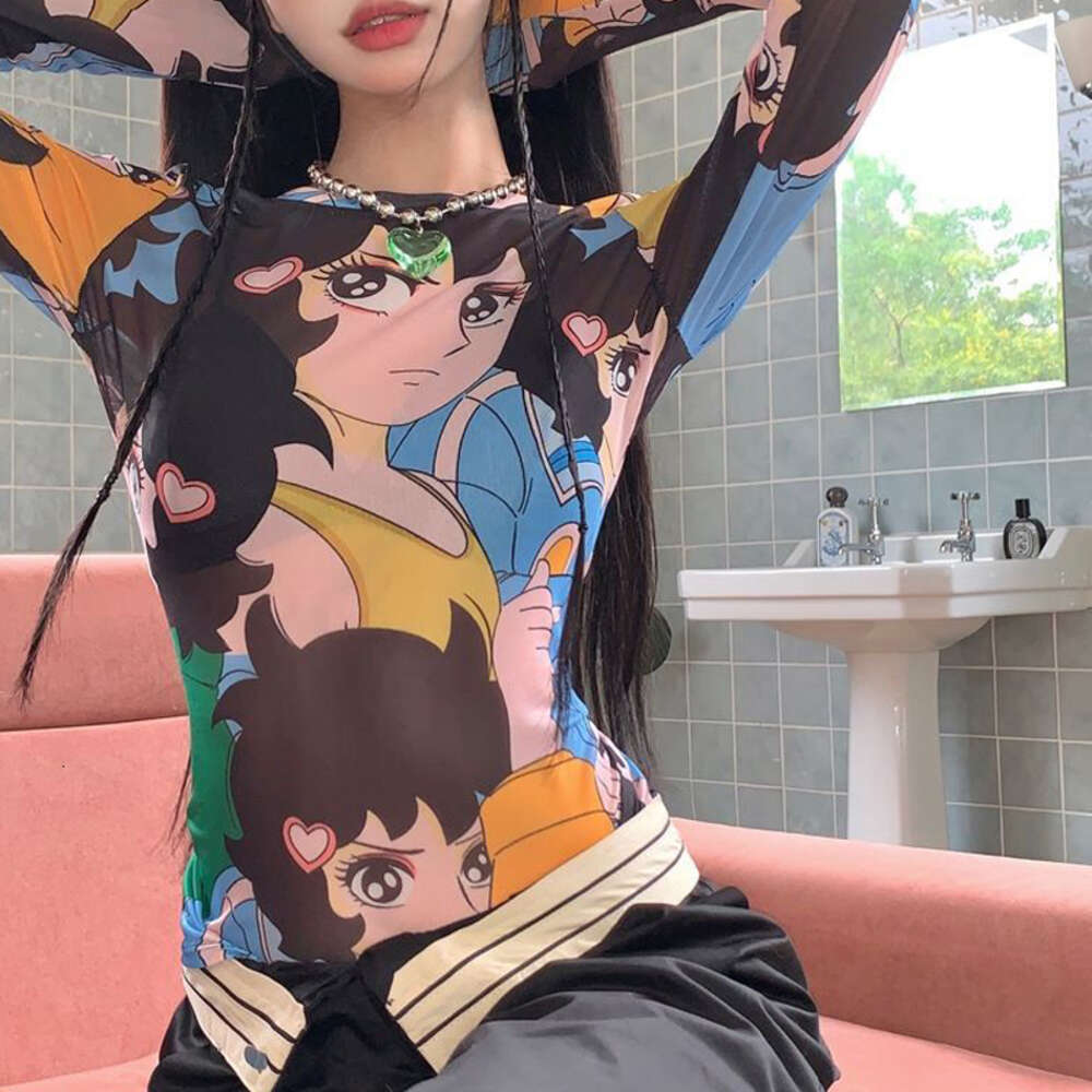 Cyber ​​Y2K Cartoon Anime Printing Tops Długie rękawie haruku odzież Odziera O Neck Sexy Mesh Streetwear Summer vintage T-shirt