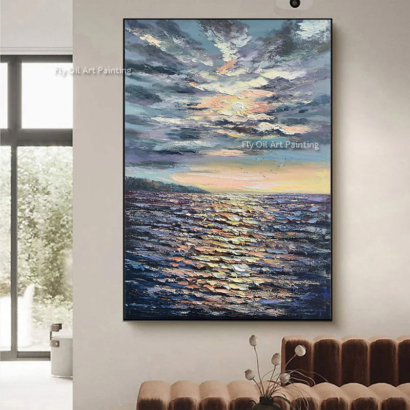 Sunset Sea Ripples Canvas Art Frameless Hand Painted Hand Painted Abstract Oil Painting Art Wall Decor Textured Artwork Extra Large Mural For Living Room Bedroom