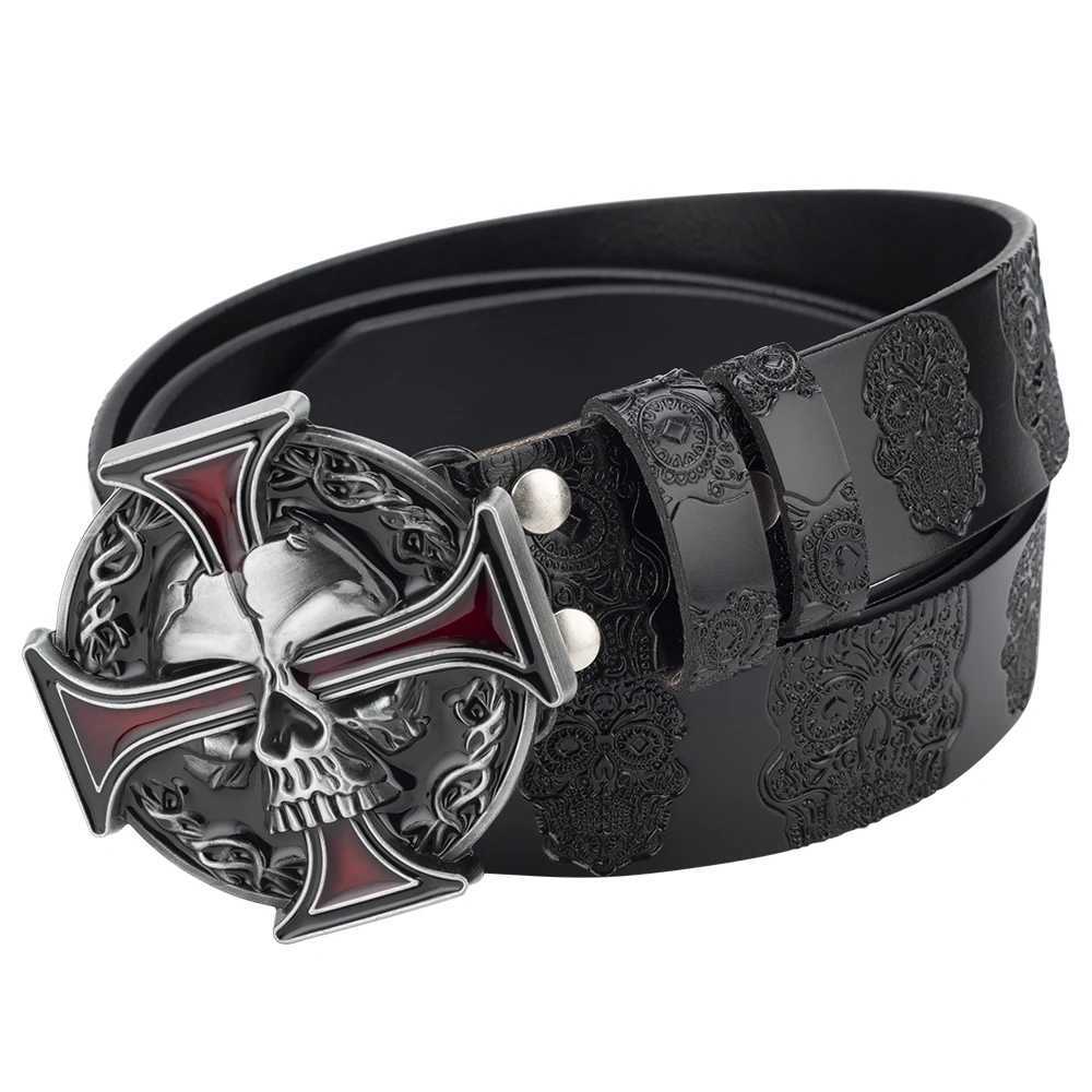 Belts Skull belt embossed pattern denim leather fashionable buckle Q240401