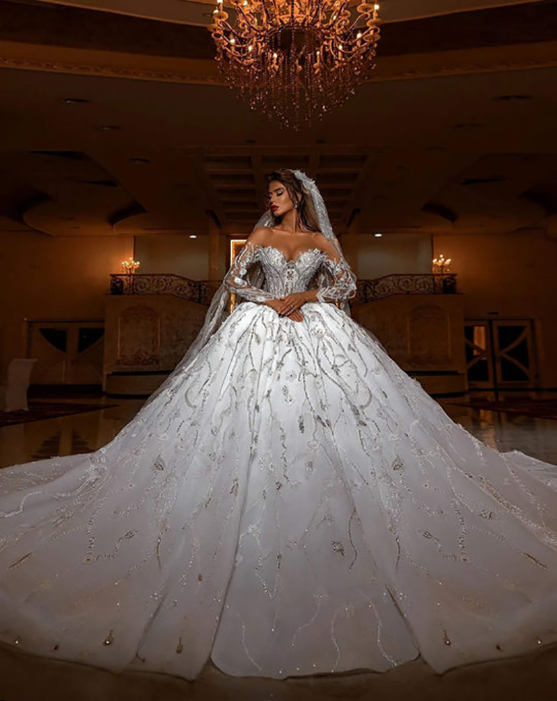 Classic Ball Gown Wedding Dresses 3D-Floral Appliques Lace Long Sleeves Tulle Chapel Gown Backless Zipper Custom Made Bridal Plus Size Vestidos De Novia