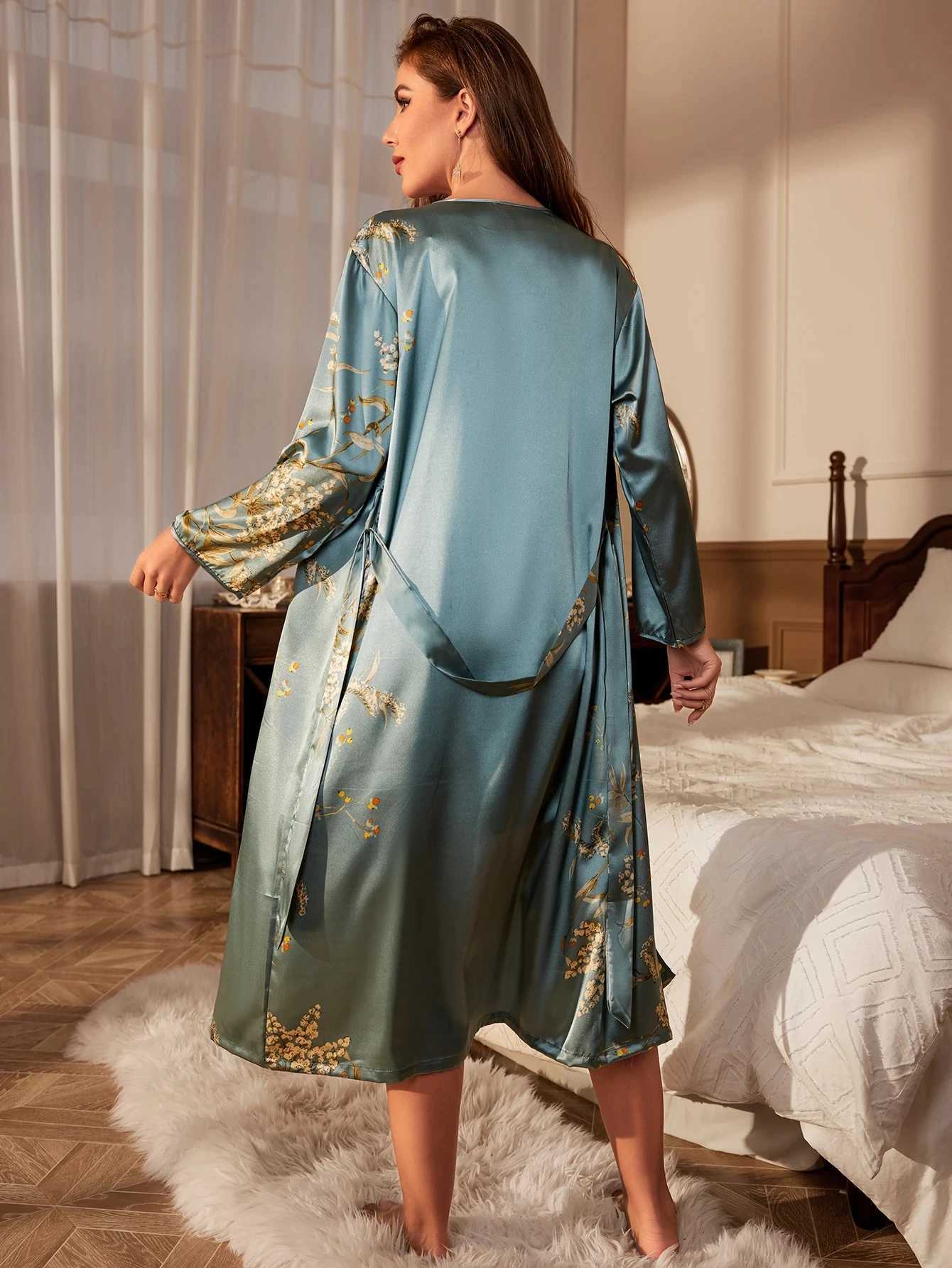 Sexy Pyjamas Print Twinset Robe Suit Womens Satin Chemise Nightgown Kimono Bathrobe Gown Set Summer Sexy Loungewear V-Neck Sleepwear 240330