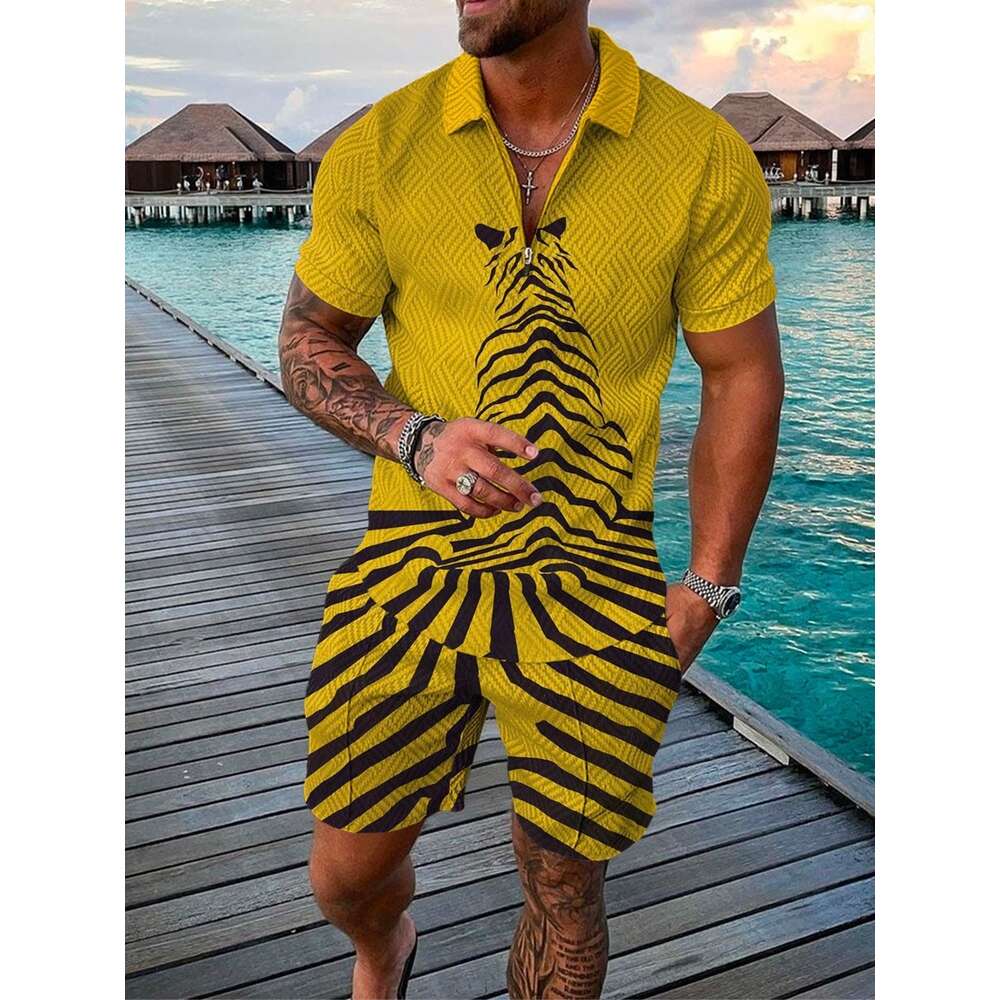 Summer Trainingsanzug Männer Kleidung Designer 2024 Neue Herren Mode Casual Anzug 3D -Druck Reißverschluss Kurzarm Polo -Hemd Shorts 2 Stück Sets