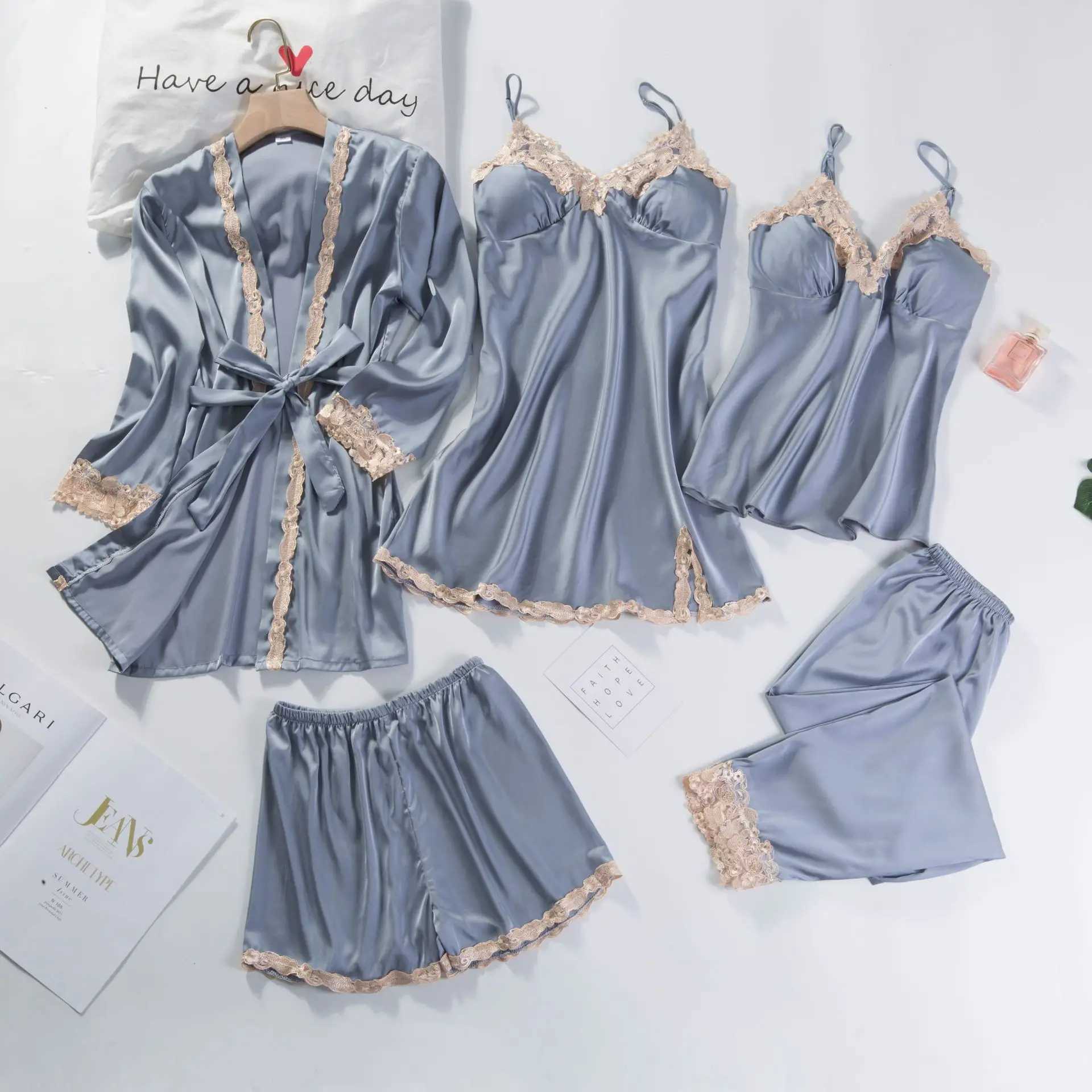 Sexy Pyjamas Pajamas Set Women Kimono Gown Satin Silk Sleepwear Casual Nightwear Intimate Lingerie With Lace Sexy Bathrobe Pyjamas 240330