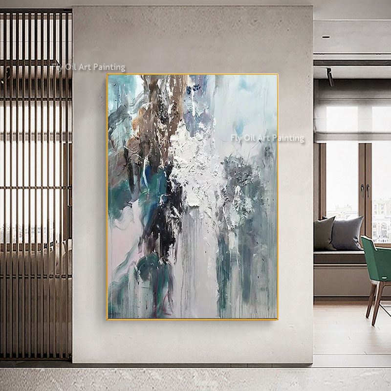 Minimalistisk abstrakt tjock oljemålning landskap duk konsthandmålad kustkonst minimalistisk borste stryk konst blå vit modern vägg livig rum sovrum dekor