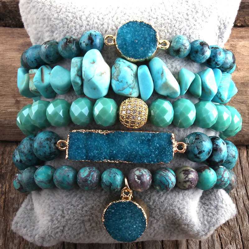 Chain RH Fashion Boho Jewelry Natural Stone Druzy Charm Bracelet Bangle 5-piece Bracelet Set Womens Jewelry Gift Direct Shipping Q240401