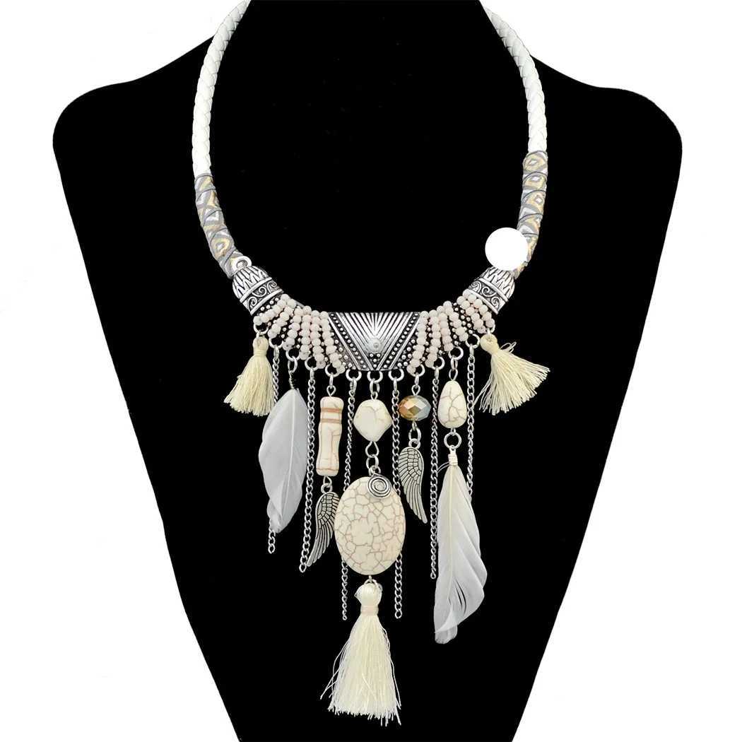 Colliers pendentifs Bohême plume longs glands colliers en cuir ethnique noir marron strass élégant femmes bijoux pendentif collier en gros 240401