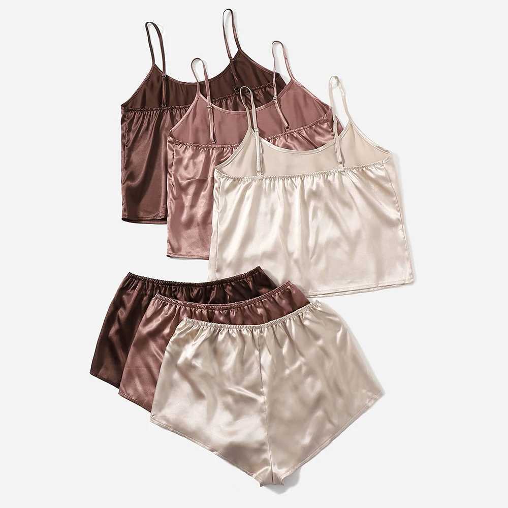 Ds1t sexig pyjamas sexig satin pyjama set sömnkläder kvinnor pajamas ärmlös söt cami topp och shorts elastisk midja nattkläder silkeslen hemdräkt 2404101