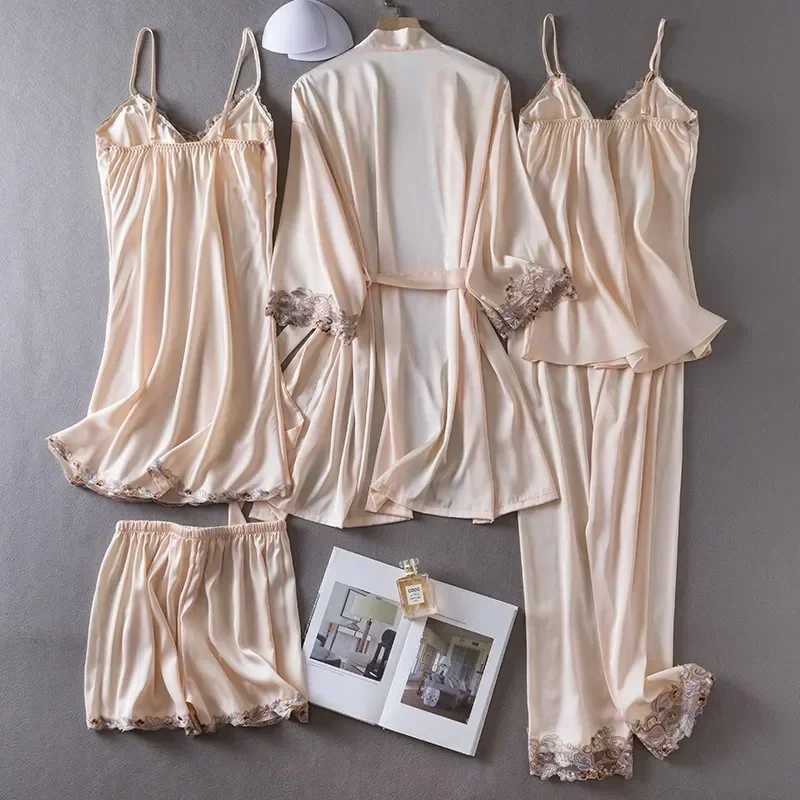 JLPD Sexy Pyjamas Lace Clothes Satin Home Summer Spring Sexy Suit Robe Loungewear Sleepwear Women Set Casual Gown Pajamas Bathrobe 2404101