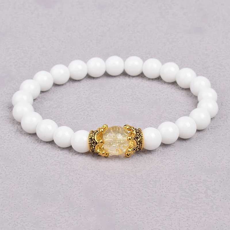 Chaîne Blanc Naturel Pierre Couronne Perle Bracelet pour Hommes et Femmes Yoga Alliage D'or Accessoires Charme Bijoux À La Main Élastique Pulseira Homme Q240401