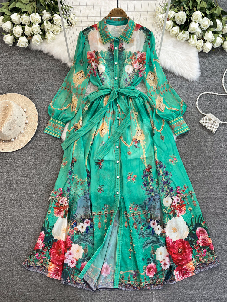 Long Sleeved Chiffon Floral Maxi Dress Shirt Collar Designer Elegant Women Button Cardigan Dresses Runway vintage Print Casual Beach Party Cocktail Robes Clothes