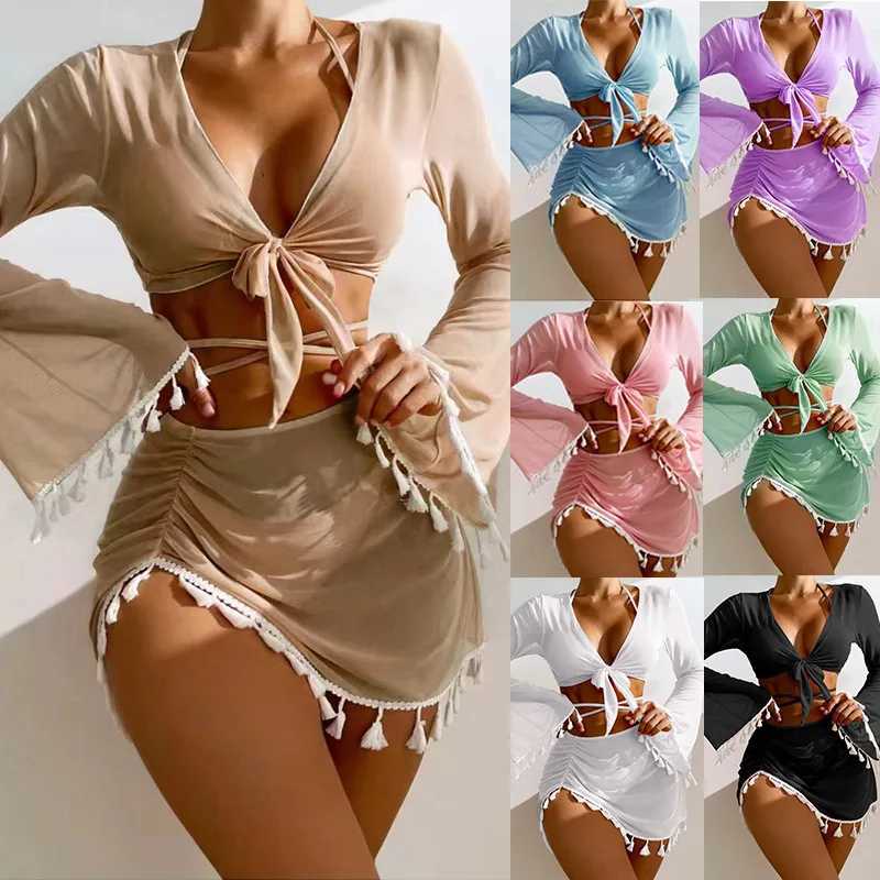 Women's Swimwear 4-piece solid bikini set sexy womens tassel net shorts beach clothes womens swimsuits spring and summer swimsuits J240330