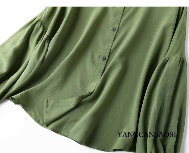 Women's Blouses Shirts 2024 Womens Fashion New 100% Natural Mulberry Silk 04 Crepe De China Small Square Neck Lantern Sleeves Loose Olive Green ShirtL240328