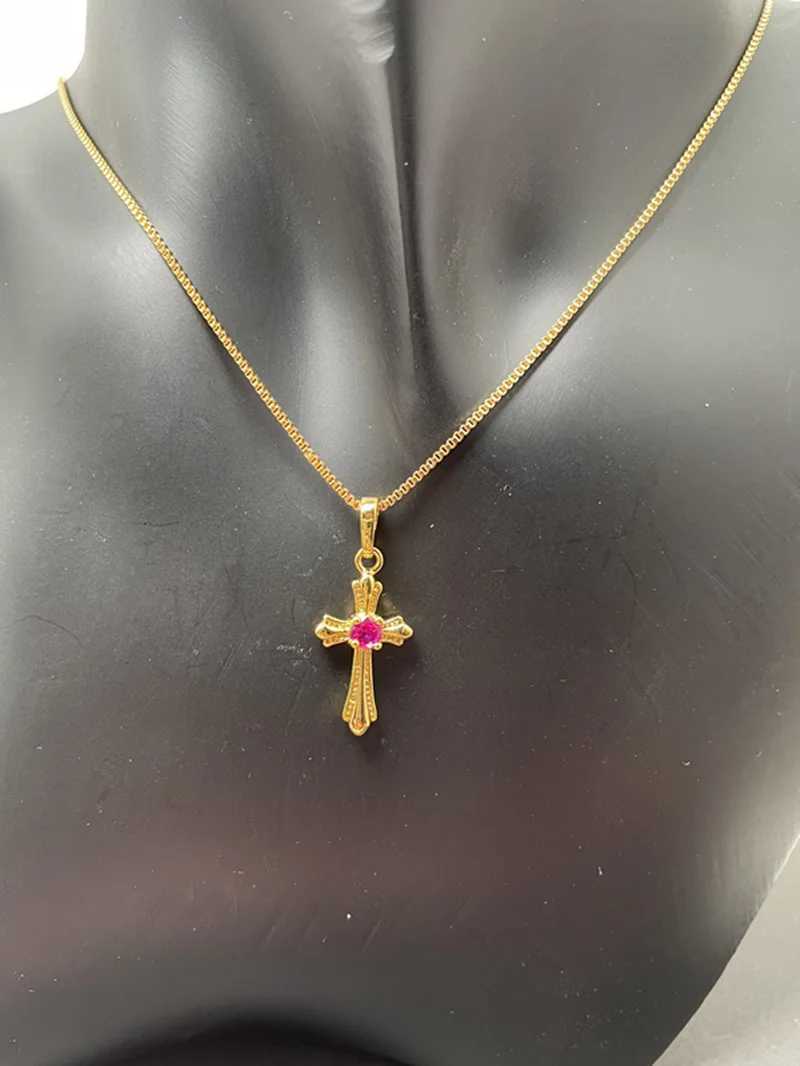 Pendanthalsband Korea Gold 24K Necklace Gold Plating Cross Necklace For Girls Jewelry Present Religion 240330