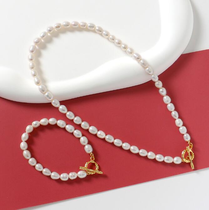Einfaches Perlenarmband mit OT-Schnalle und Halskette, modisches Barock-Armband, einfache Persönlichkeit, Perlenkette für Damen-Armband, Halskette, Weihnachtsgeschenk