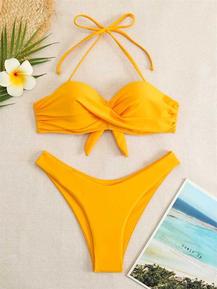 Costume da bagno donna Bikini Costume da bagno donna 2024 Costume da bagno push up solido Costume da bagno a vita alta Costume da bagno due pezzi Biquini Brazil Beach J240330