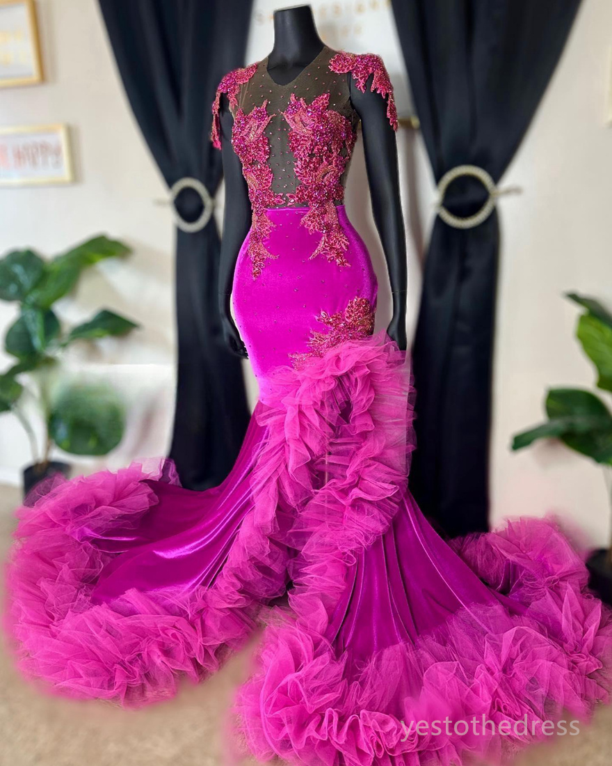 2024 Fuchsia Prom Dresses for African Black Women Evening Dress Illusion Sheer Neck Beaded Lace Pleated Tulle Side Split Birthday Party Dress Vestido De Sorrie AM653