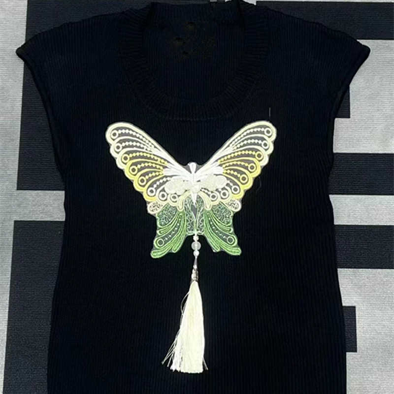 女性戦車キャミスデザイナー24春/夏新規Mホームヘビー業界の蝶のパターンファッション年齢女性のためのニットトップを減らす7A6C