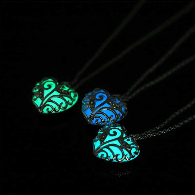 Pendant Necklaces Heart shaped hollow pendant shining in the dark necklace womens crystal luminous necklace jewelry wholesale Christmas giftsL2404